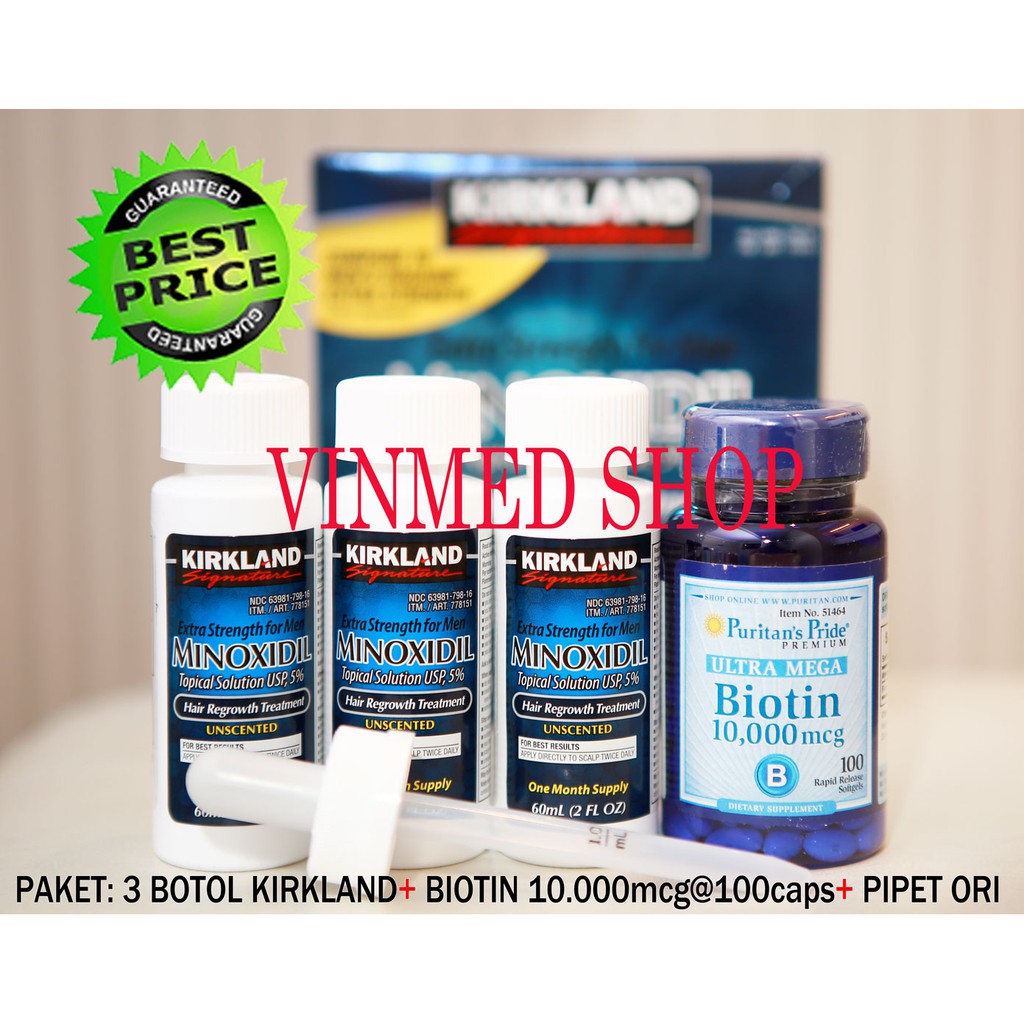 Kirkland Minoxidil+Biotin 10.000mcg@100+Pipet Paket 3 Bulan