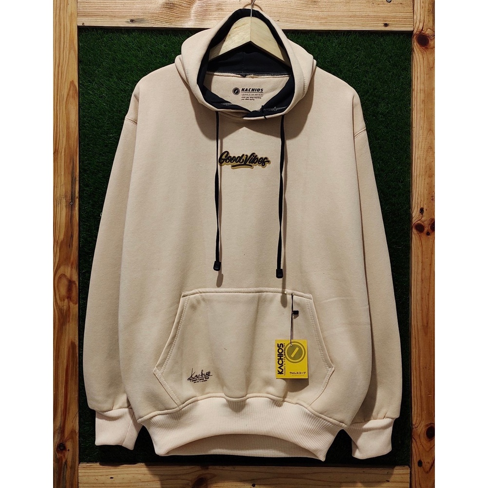 Sweater Hoodie Pria Distro Katun Fleece Good Vibes Switer Hodie Unisex Original Ukuran M L XL XXL Premium Warna Cream