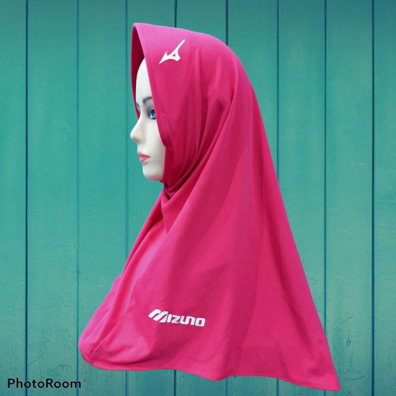 Hijab Sport Hijab Instan Sport Kerudung Olahraga Volly, Bersepedah, Joging Berlogo MIZUNO-Pink
