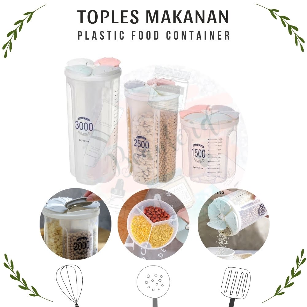 Toples Wadah Tempat Penyimpanan Makanan Premium 3 / 4 Slots Kotak Plastik Untuk Pasta Coklat Snack Beras Sereal Kue Kering Food Storage Jar Container 1500/2000/2500/3000 ML