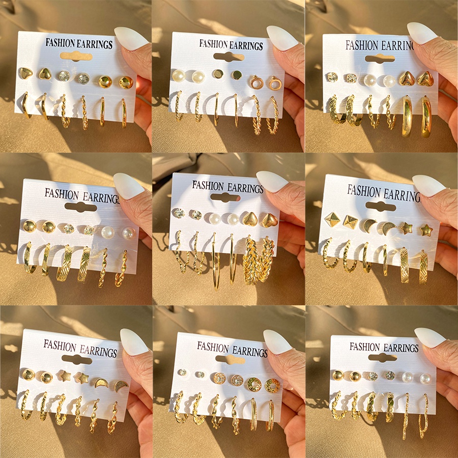 12pcs / Set Anting Hoop Geometris Warna Emas Aksen Mutiara Gaya Vintage Punk Untuk Wanita