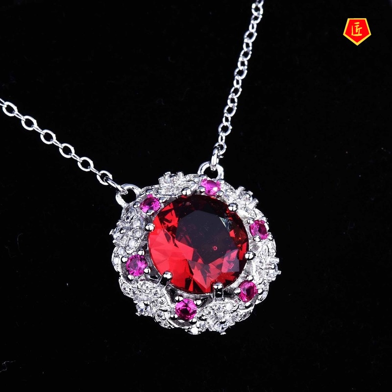 [Ready Stock]Micro-Inlaid Ruby Necklace Simple Women's Goose Egg-Shaped Banquet Pendant