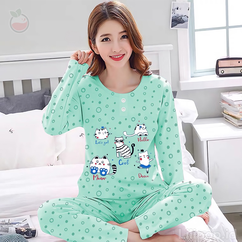 Lilipop.id  Baju Tidur Wanita Cat Celana Panjang PP Allsize Lengan Panjang Baby Doll Bahan Kaos Dewasa