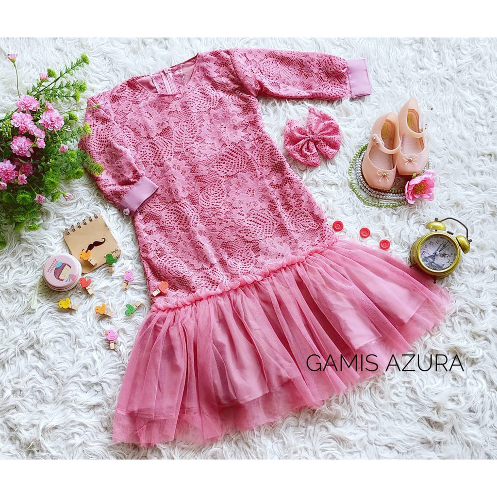 GAMIS AZURA ANAK /DRES ANAK BROKAT/DRES MALAYSIA ANAK/DRES ANAK ROK TULLE /PROPERTI FOTO USIA 8-10 T