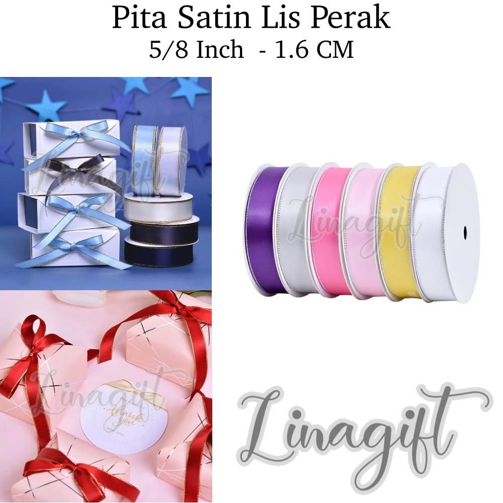 ( Rol 20 Yard ) PITA SATIN LIST PERAK 5/8INCH / SATEN LIS PERAK / PITA KADO 1,6CM / SILK RIBBON SILVER EDGE 16MM