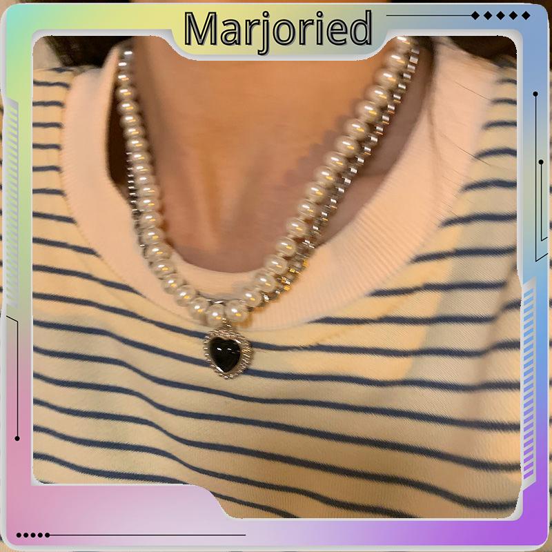 Kalung Rantai Klavikula Model Double Layer Aksen Mutiara Warna Hitam Gaya Retro Hip-Hop Untuk Wanita-MJD