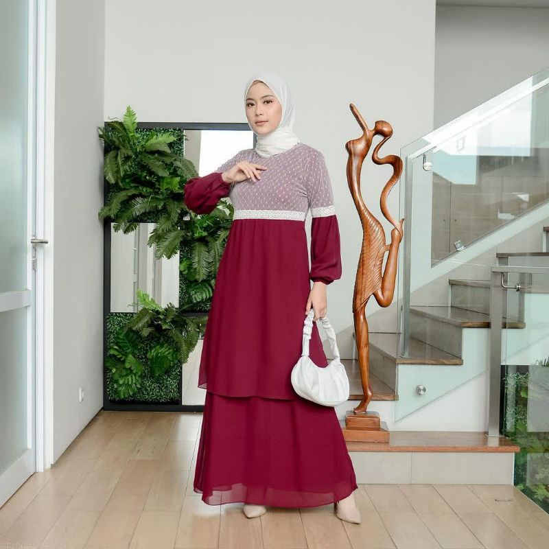 Terbaru Longdress Warna Gamis Malaysia Tile Dot Renda Baju Kurung Melayu Dress Muslim Wanita Seragam