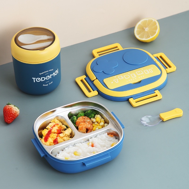 Kotak Makan Anak Stainless 304 Bekal Makan Set Lunch Fit Kotak Makan Lunch Box Set Wadah Bekal Anak Stainless 3 Sekat Kids Lunch Box Set Premium Rantang Makan Luchbox Bento