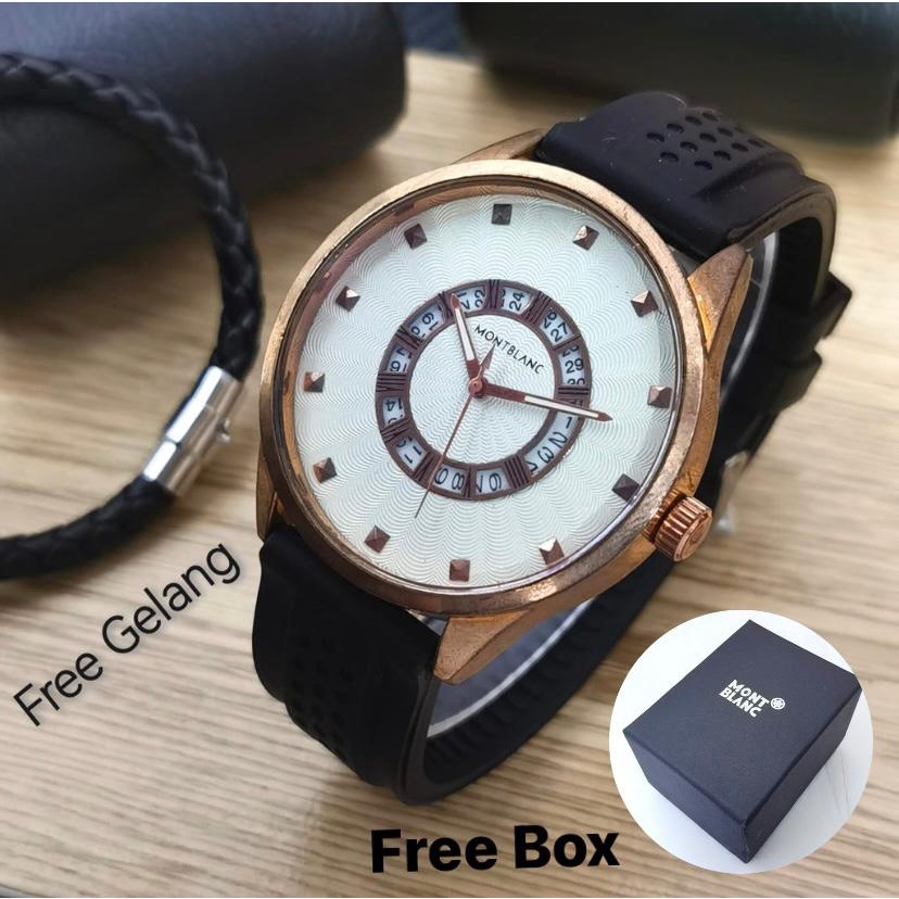JAM TANGAN PRIA MONTBLANC ANALOG TALI KULIT TANGGAL AKTIF FREE GELANG DIAMETER 4,6 CM / JAM TANGAN C