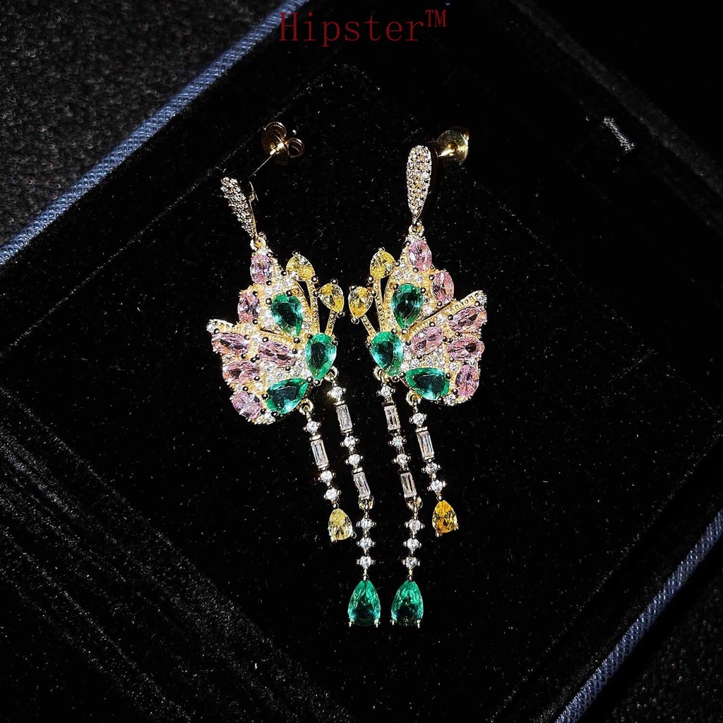 New Colorful Diamond Earrings Elegant and Ethnic Style Long Tassel Butterfly Earrings