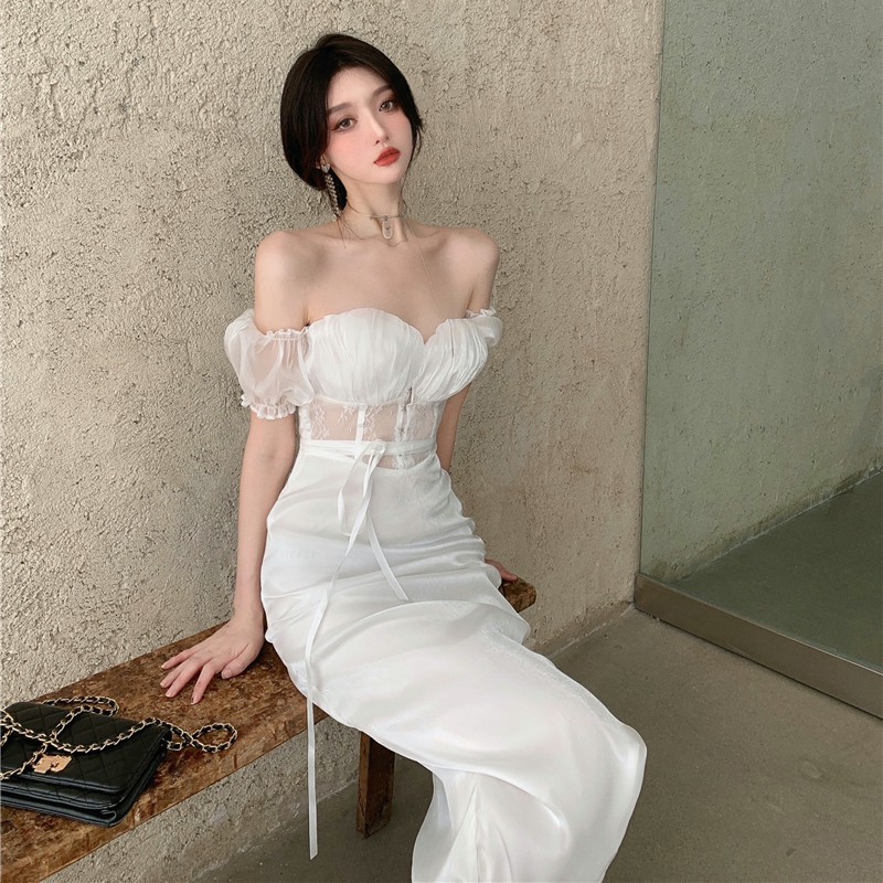 Suhao Gaun Musim Panas Desain Kematangan Cahaya Perancis Baru String Straight Shoulder Bubble Sleeve Gaya Chiffon Dress Wanita Listen