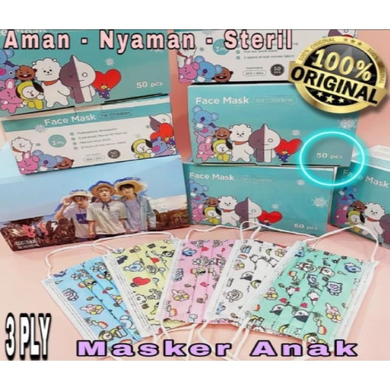 Masker mulut Tebal isi 50Pcs/BOX Motif Anak BTS BT21 IMPORT 3Ply High Quality K-POP KPOP KOREA IDOL