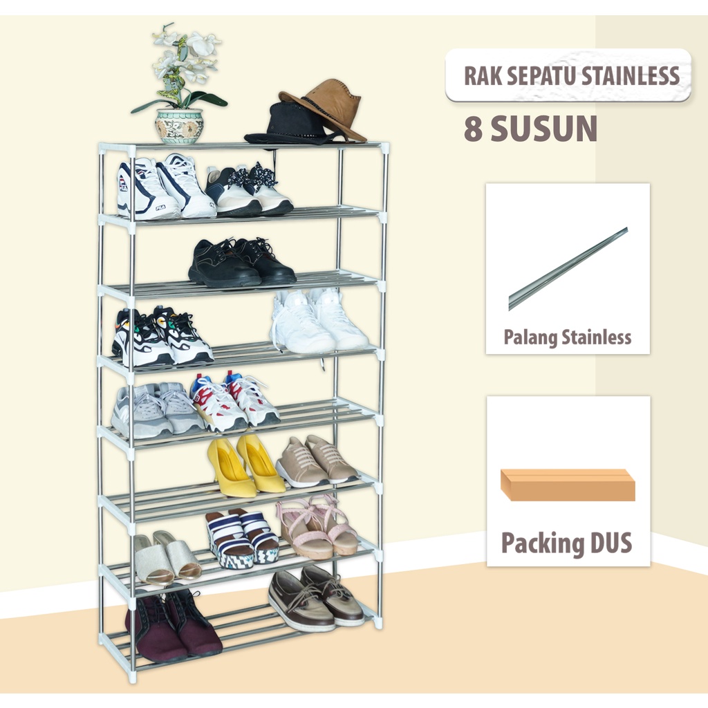 Rak Sepatu Sandal 8 Susun Stainless Steel Besar Portable Multifungsi