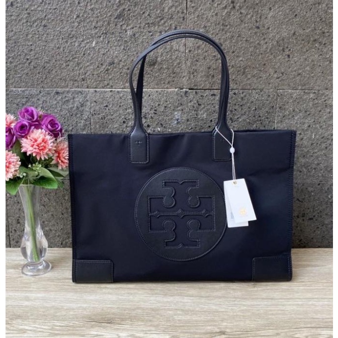 (100% ORIGINAL) Tas TORY BURCH Nylon Tote Bag Ella Medium Black Doff T BAGUS