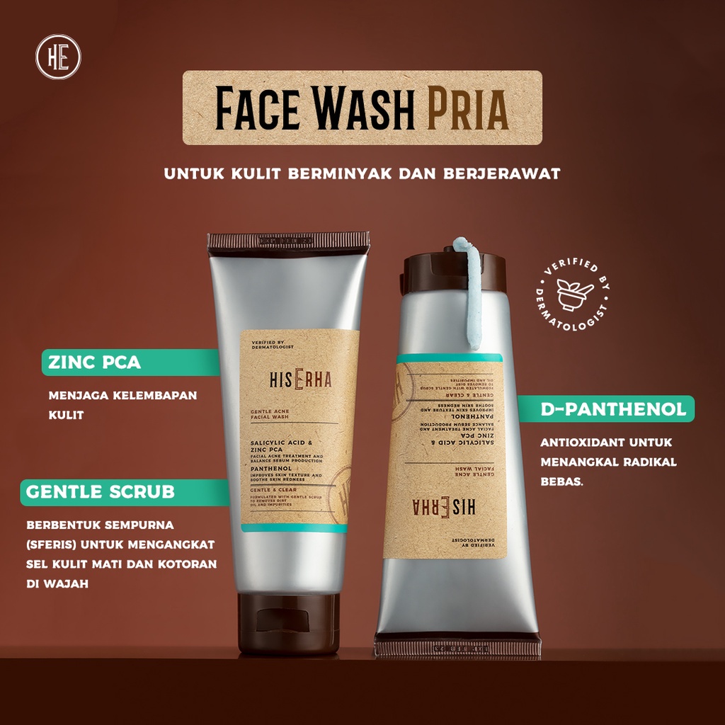 HIS ERHA Paket Pembersih Wajah Jerawat Pria - Gentle Acne Facial Wash + Essence Serum