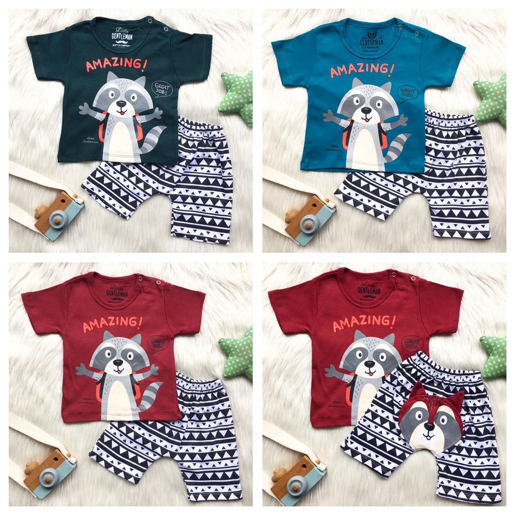 Baju anak laki laki setelan kaos harian baju lengan pendek celana pendek 1-2  tahun 3D TIGER PANDA TEE SET setelan lengan pendek playsuit