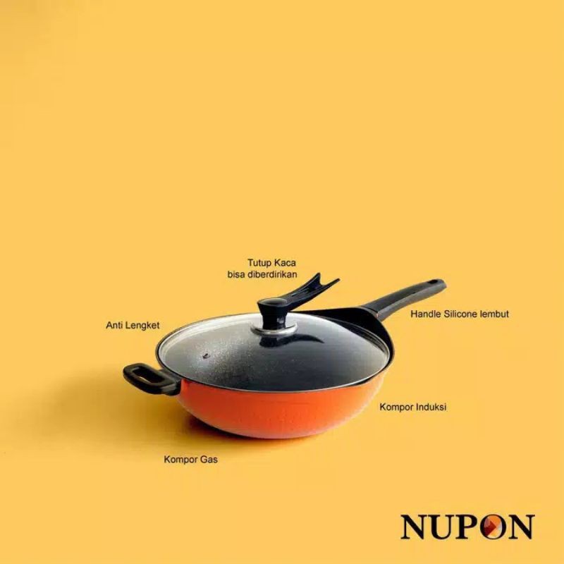panci wok pan NUPON anti lengket 36cm dan tutup kaca kompor induksi