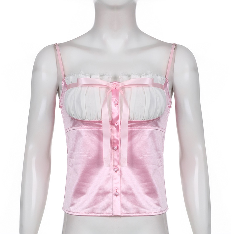 #Sisjuly# Suspender satin jahit renda baru untuk wanita dengan rompi putih berlipit dasi kupu-kupu