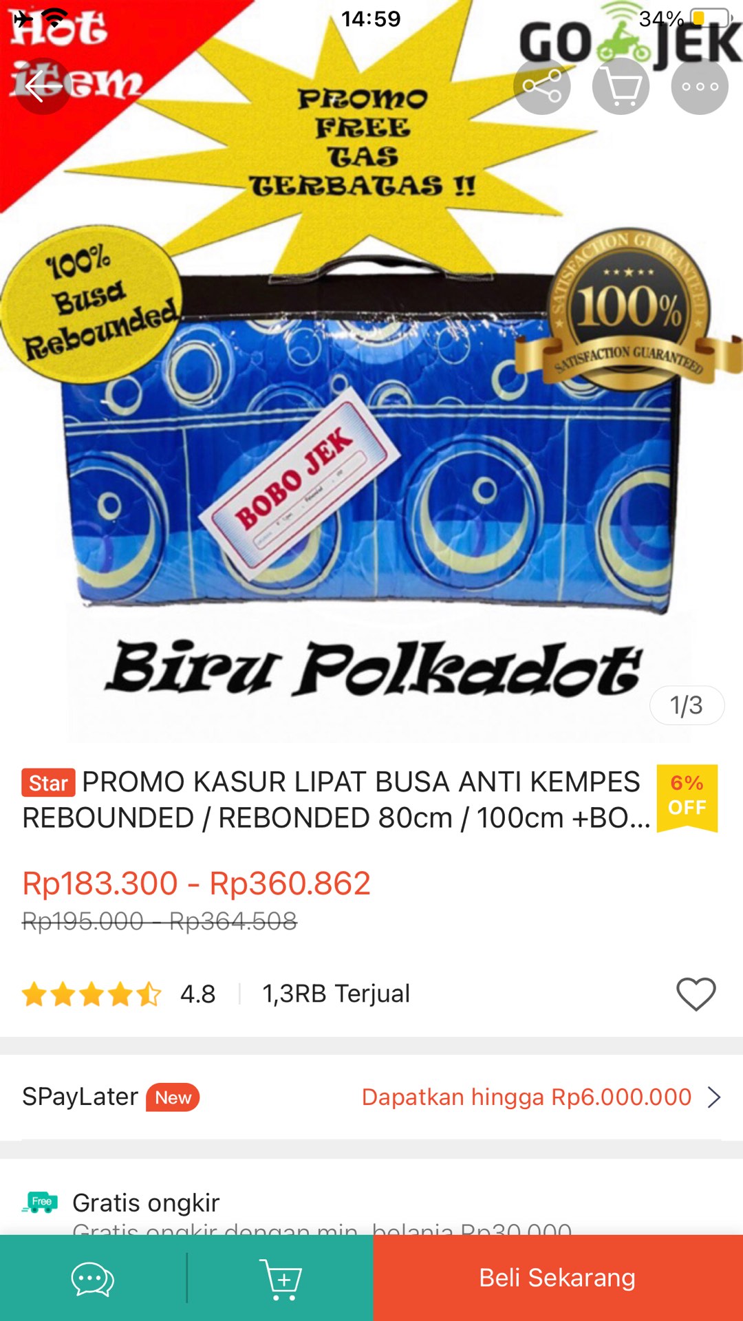 Kasur Lipat Lantai Busa Rebonded Anti Kempes / Rebonded 80cm / 100cm +bonus Tas Kasur Travelling