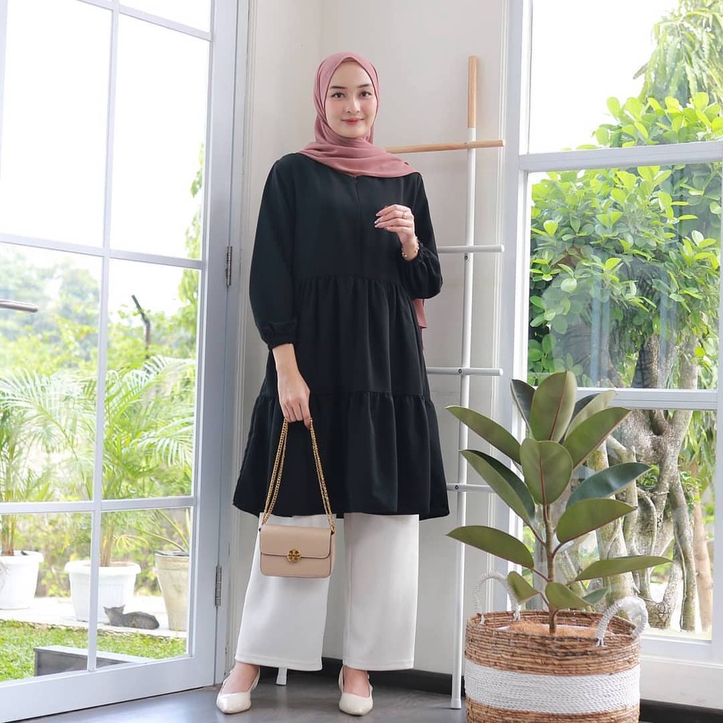 Tunik Wanita Pesta Import Rayon Garis Motif Hitam D0U0 Lengan Panjang Oversize Cod Korean Style Keki