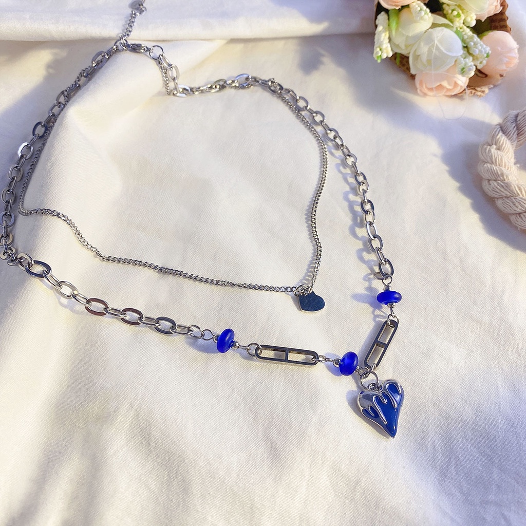 Kalung Cinta Kristal Biru Baru Fashion Kalung Wanita Berlapis Ganda