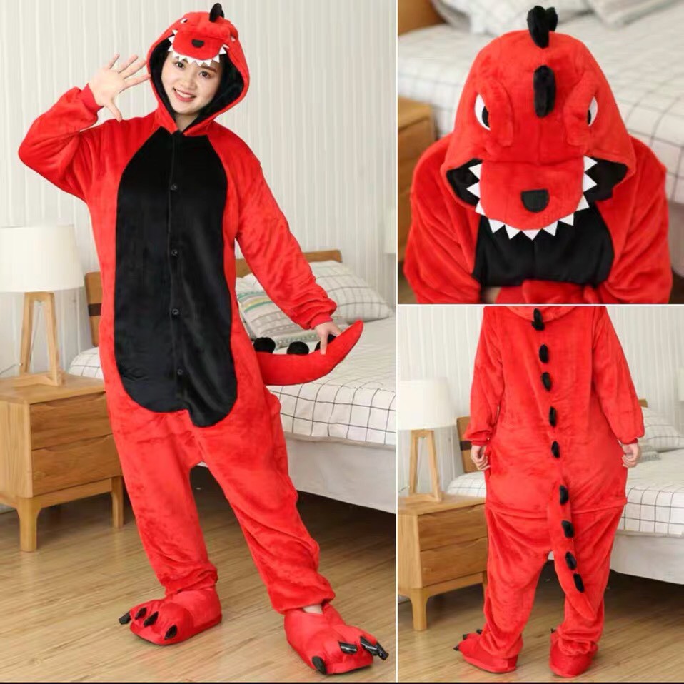 BAJU ONESIE DINOSAURUS DINO MERAH PIYAMA KOSTUM COSPLAY