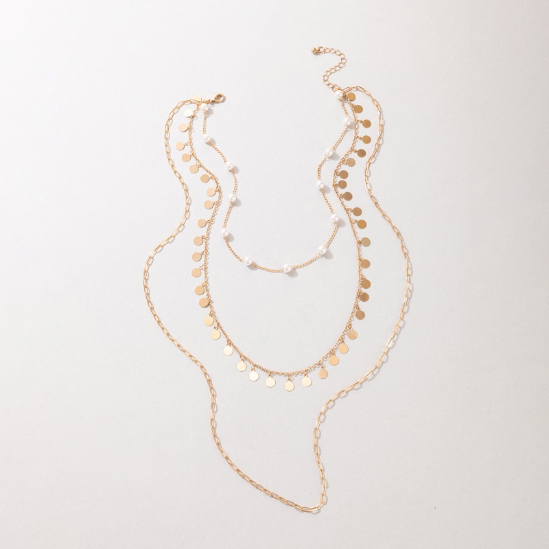 Kalung Rantai Tiga Lapis Bahan Metal Aksen Mutiara