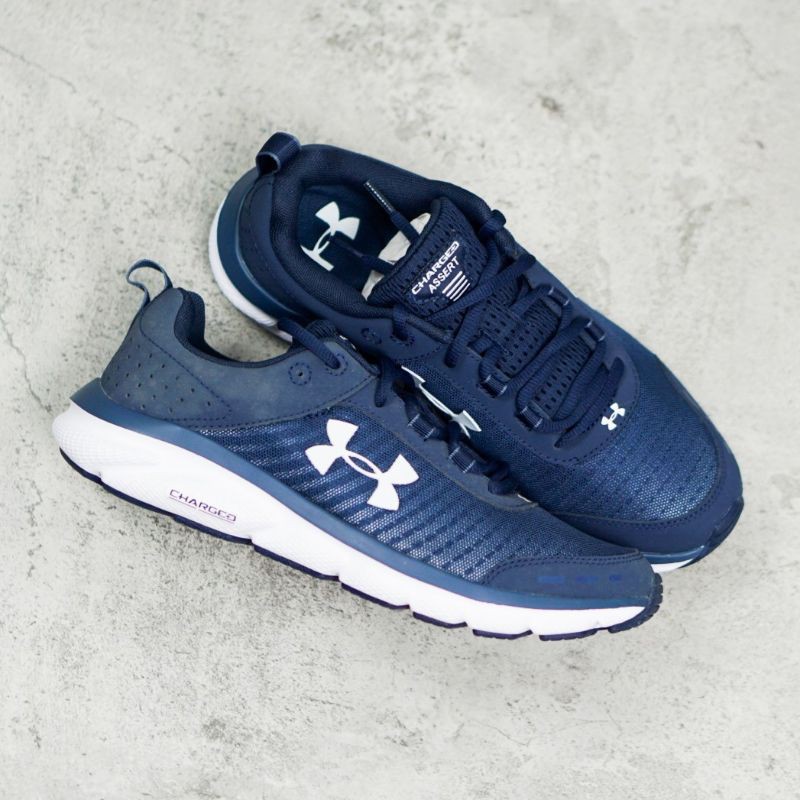 ORIGINAL Under Armour Charged Navy White Sepatu Pria Olahraga Gym Fitness Lari Running BNIB