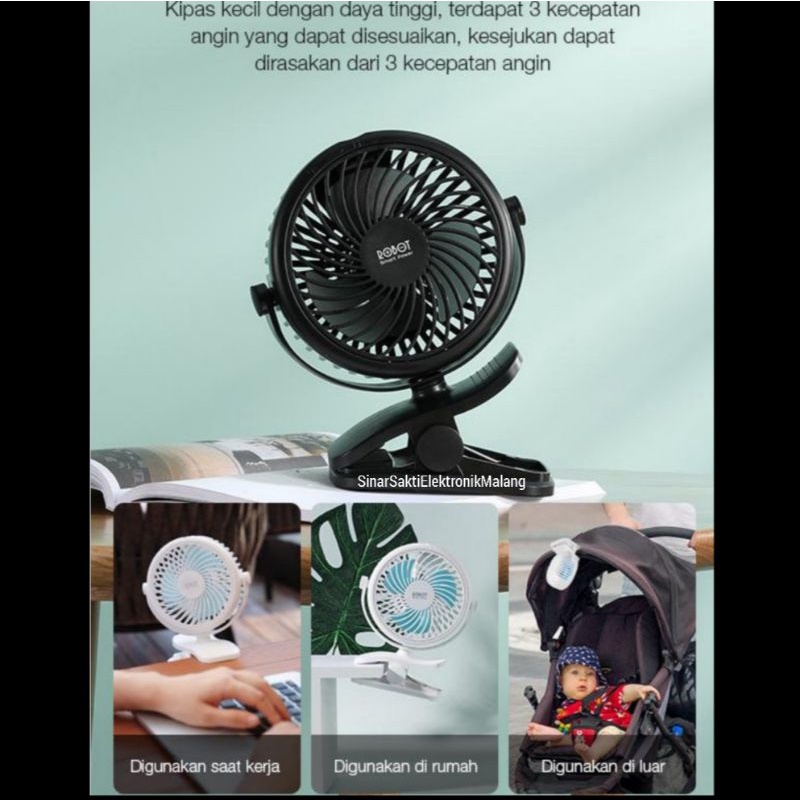 Robot Kipas Angin Portable Jepit Mini Fan Kecil Meja USB Charge Garansi