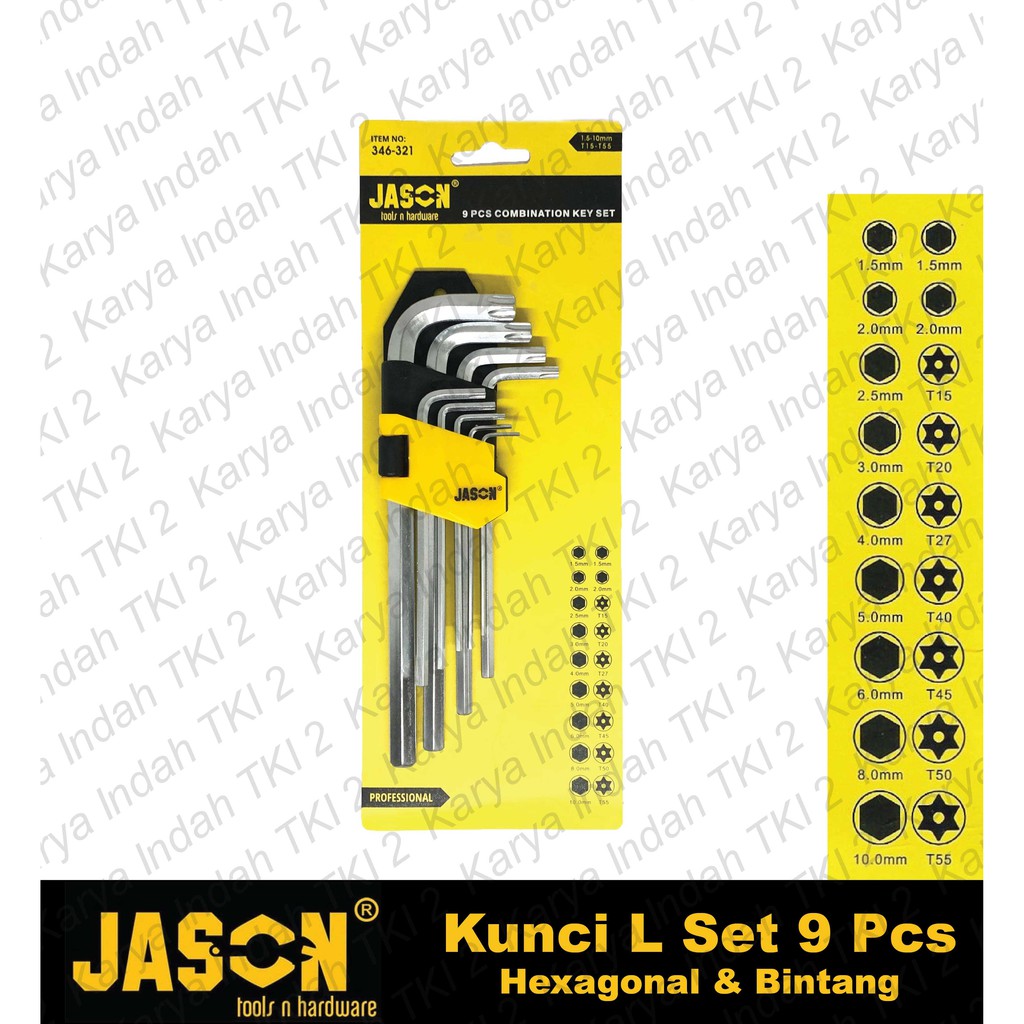 Kunci L Kombinasi Hex Bintang Set 9 Pcs JASON Hex Torx Key Set T15-T55