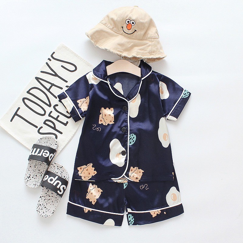 Piyama Satin Anak Perempuan Impor Food Navy Lengan Pendek Baju Tidur Anak Setelan Harian
