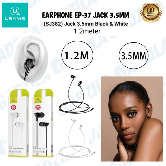 USAMS EP-37 IN-EAR PLASTIC EARPHONE HANDSFREE HEADSET JACK 3.5MM 1.2M