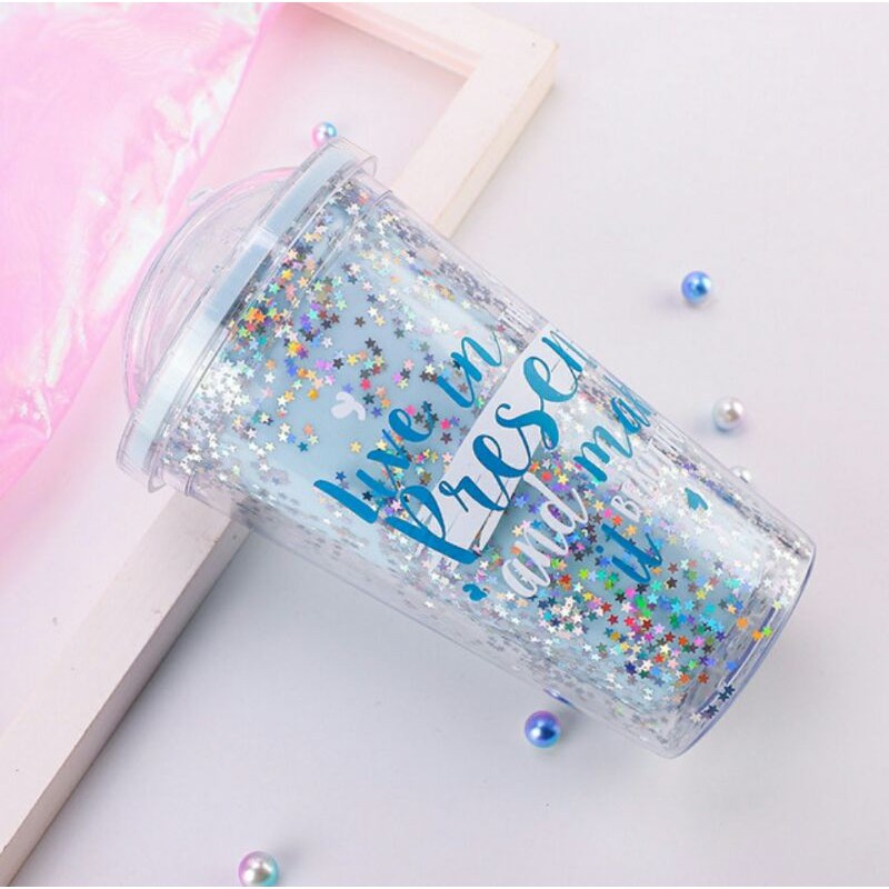 Glitter Tumbler Cups Blink Gelas Botol Minum Air Sedotan 450ml + Free Buble Wrap