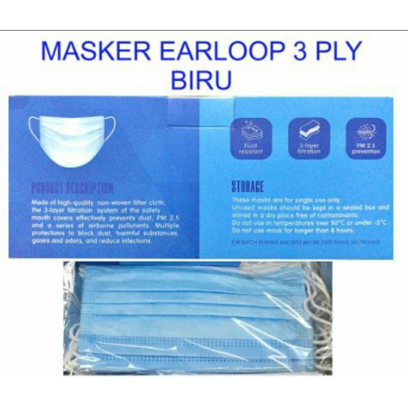 Masker Earloop Pelindung virus 3 lapis isi 50pcs