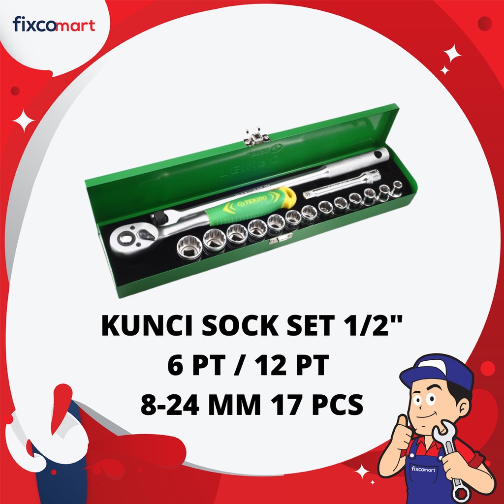 TEKIRO Kunci Socket Set 1/2&quot; inch 6 PT /12 PT 8 ~ 24 mm + Gagang Sock