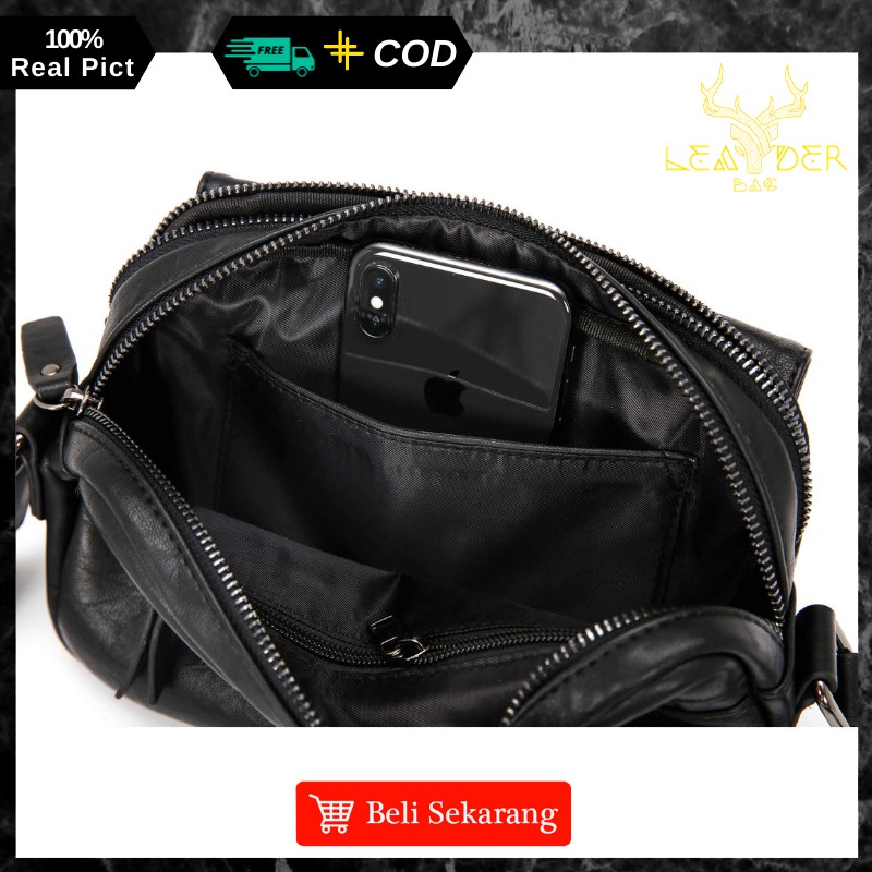 Tas Selempang Kulit Cowok Import Original Distro Keren Model Terbaru 2021 Warna Hitam Berkualitas