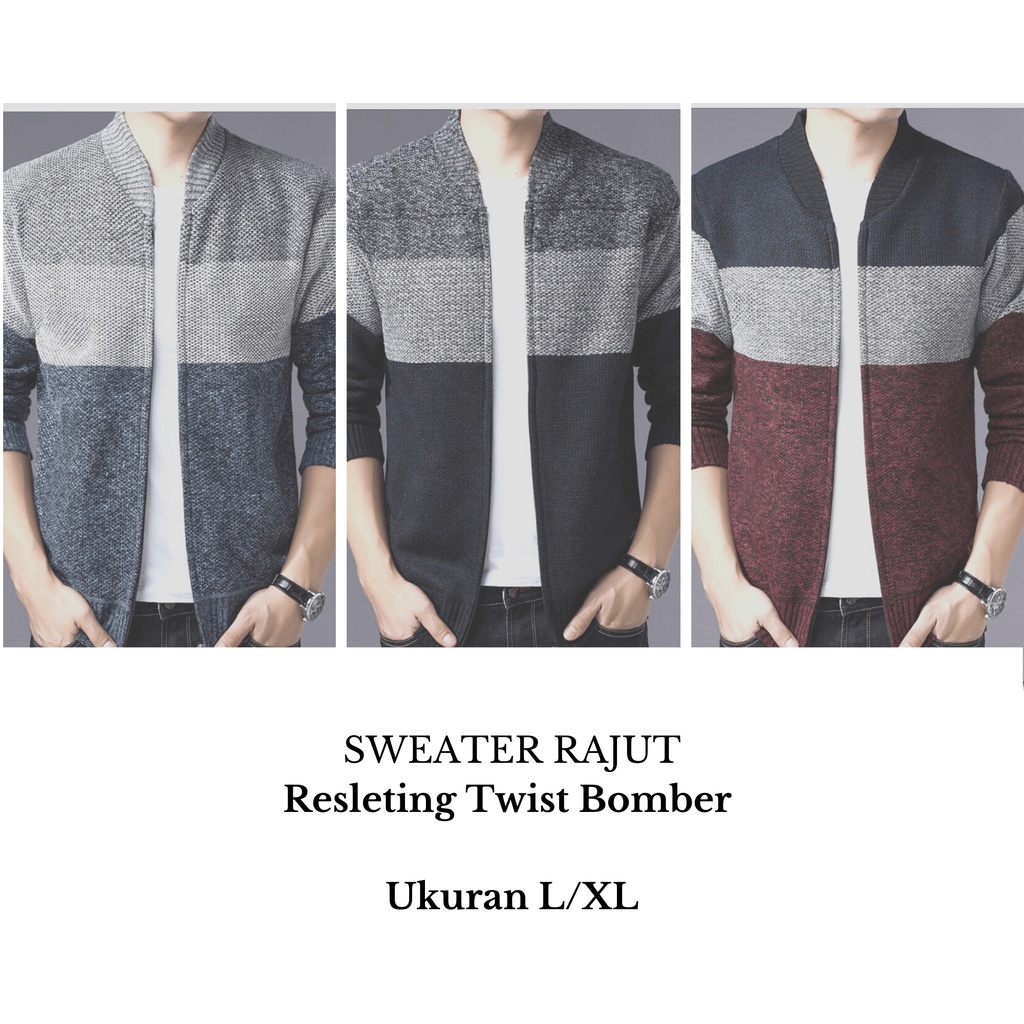 Sweater rajut~Sweater Rajut Pria Resleting Twist Bomber~