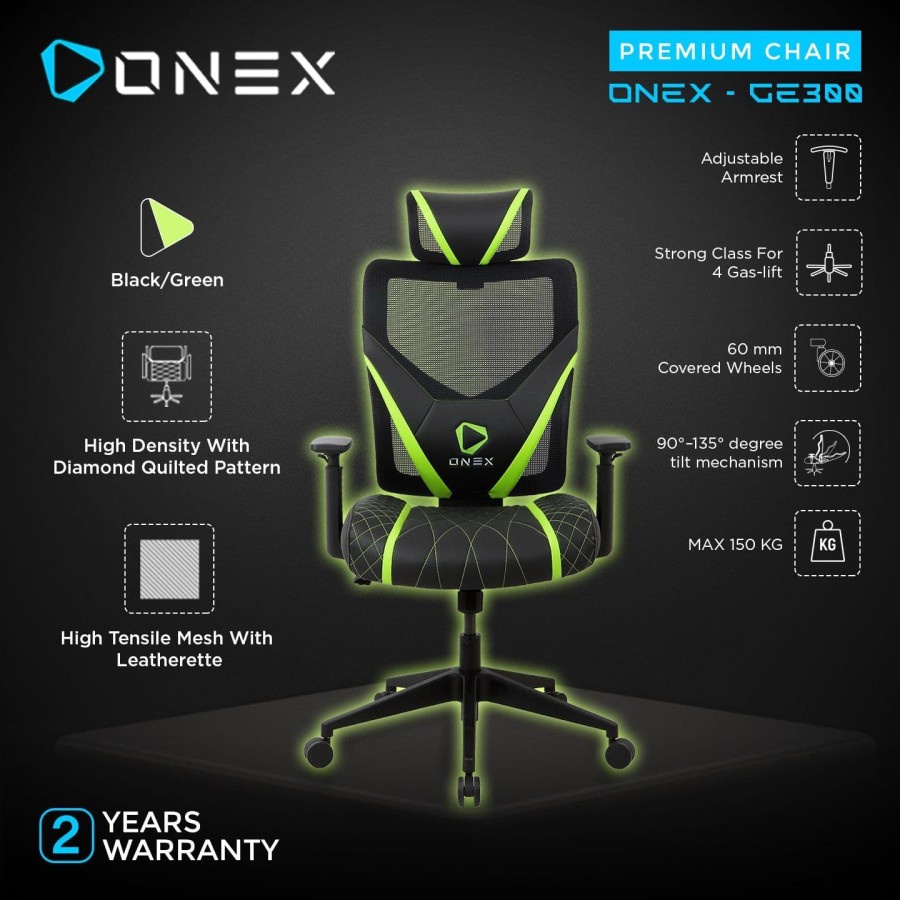 Kursi Gaming ONEX GE300 Premium Quality Mesh Gaming Chair Kursi -Green