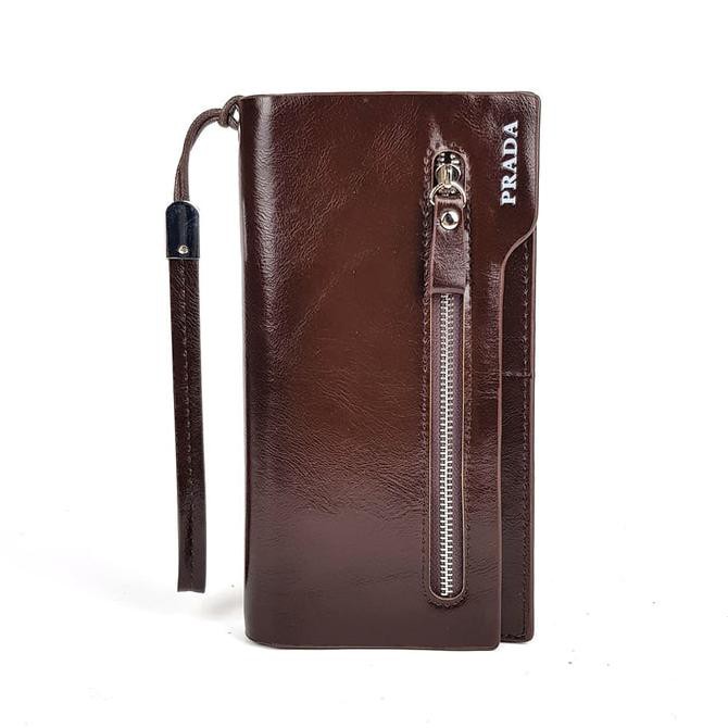 607J Dompet Kulit Pria Wanita Panjang Import Branded Prada Ruur-1 Brown Top