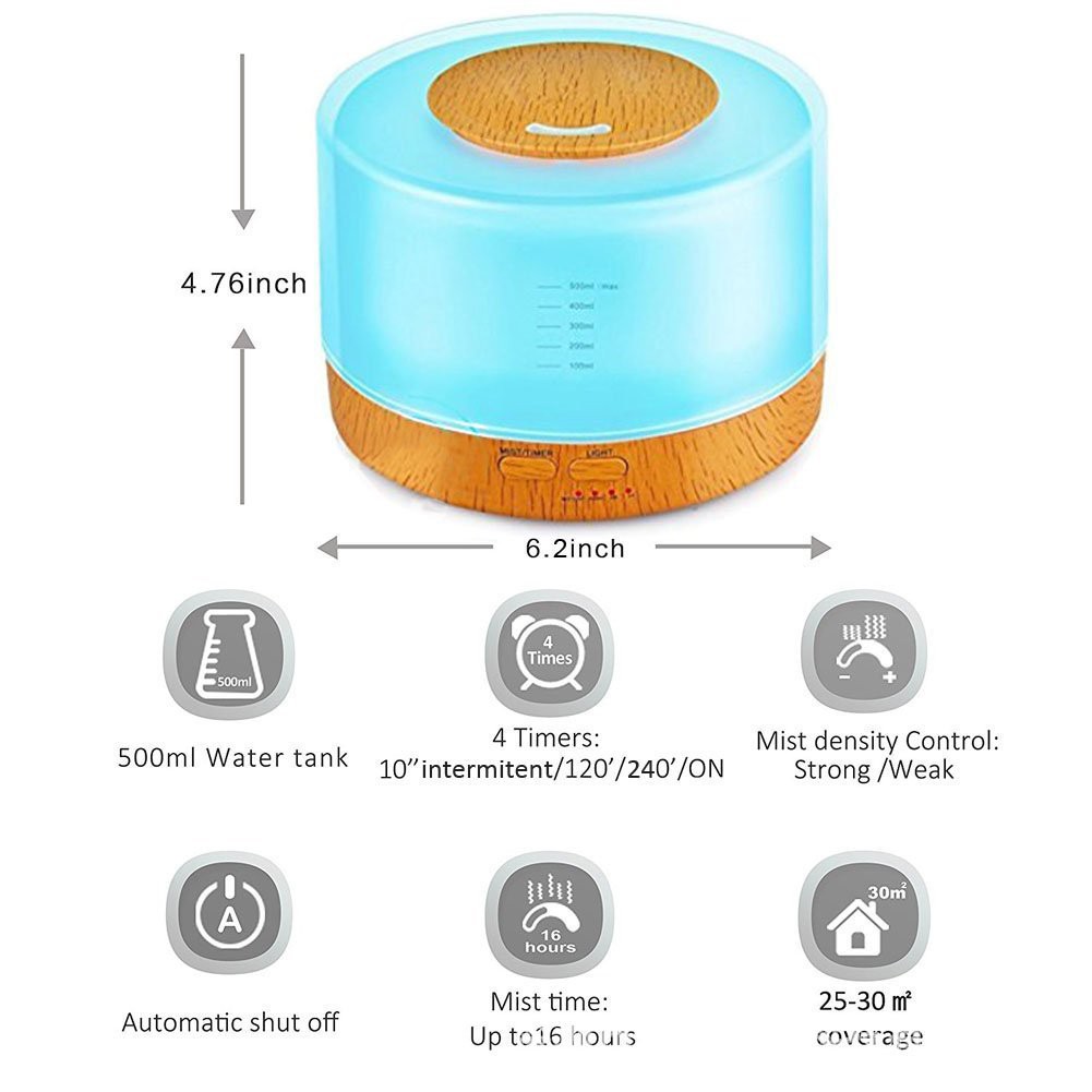 AKN88 - H04 -Essential Diffuser Ultrasonic Cool Mist Aroma Humidifier 7 Colors LED - 500ml