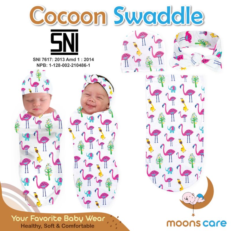 SNI [Perlengkapanbayimurah] Bedong Cocoon MOTIF Dita Moons Care Swaddle 1 lapis motif Bonus Bandana topi