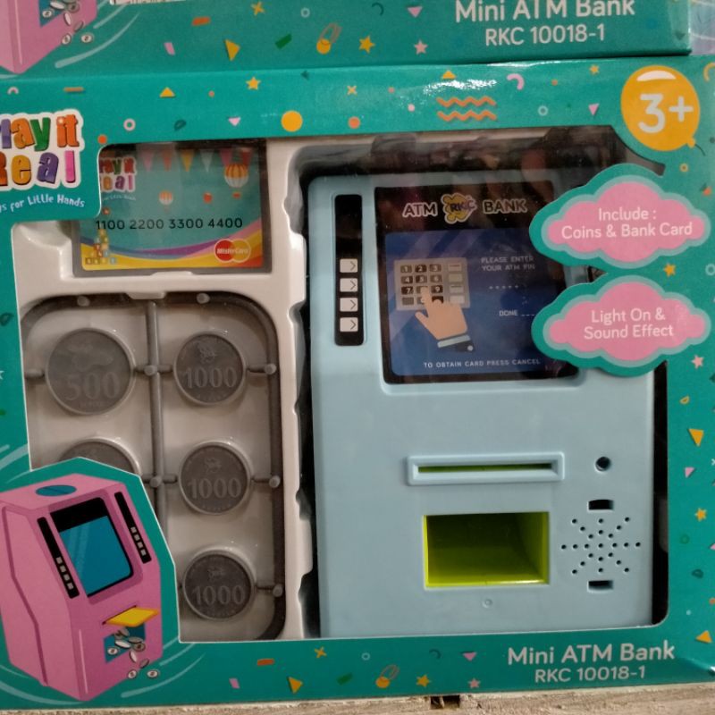 free batrai mainan mini atm bank/play it real di lengkapi lampu dan lagu/mainan atm include coins