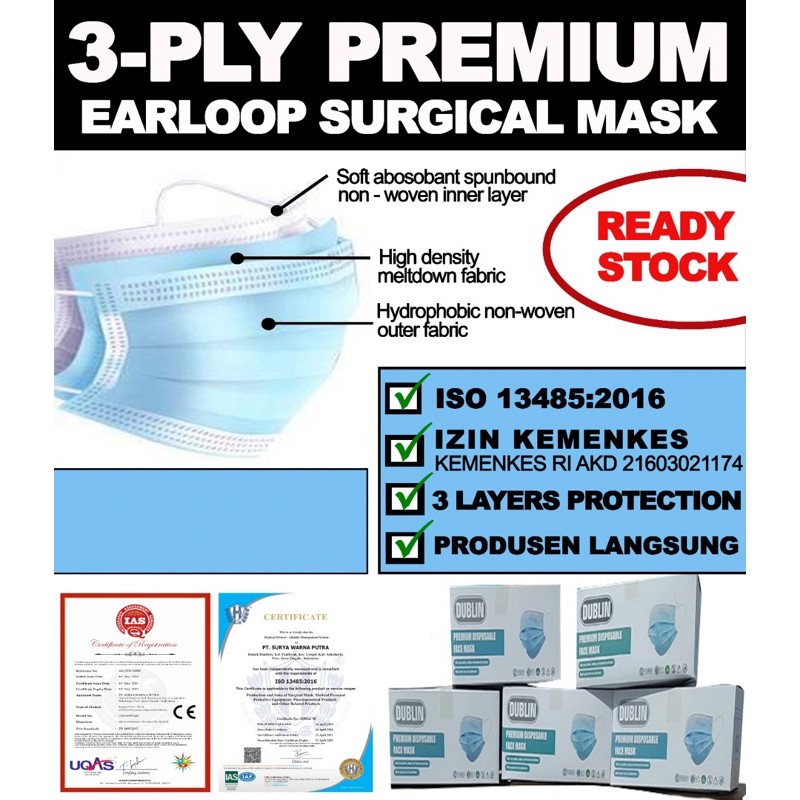 Masker Medis/ Surgical Mask 3 Ply Dublin (1 Box isi 50)