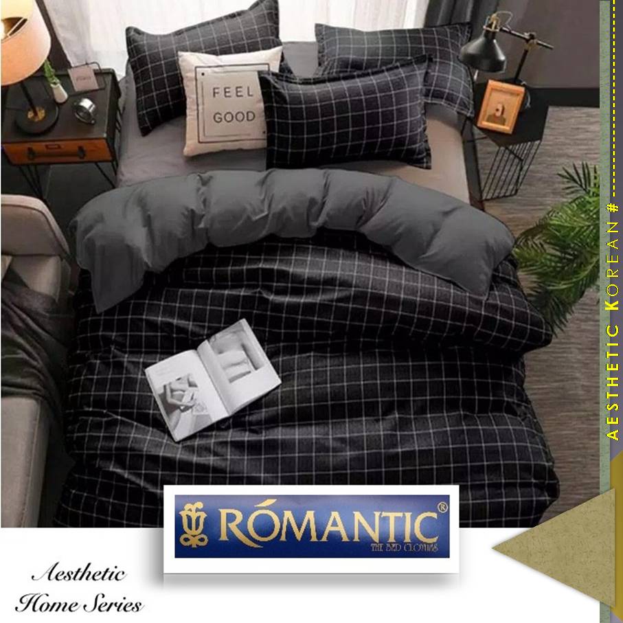 Bedcover Set Sprei AESTHETIC KOREA by ROMANTIC motif kotak hitam katun