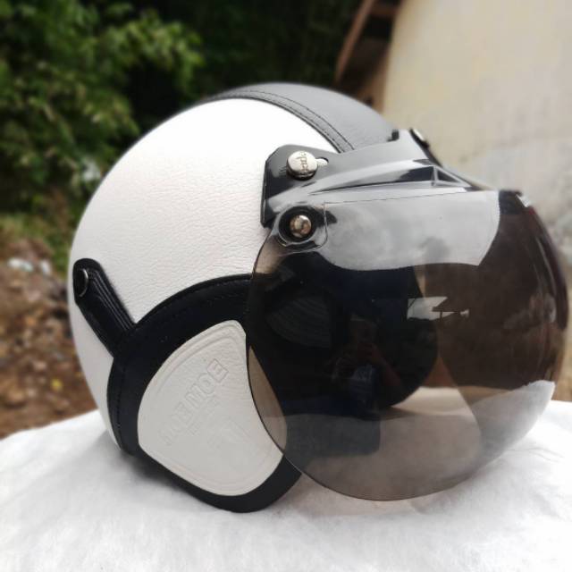 Helm Bogo Retro Kulit Klasik SNI "REBO PUTIH HITAM KACA BODA"