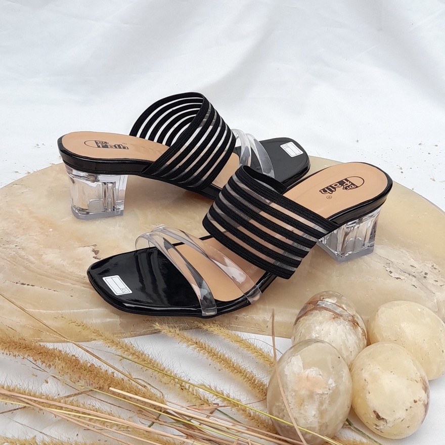 SW 99 Sandal Heels Kaca 5 cm / Hak Kaca wanita Karet Belakang Tali Jelly