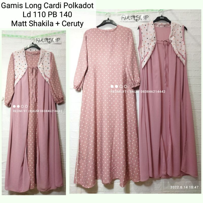 Gamis Wanita 2 in 1 Long Cardi inner outer Polkadot Tangan Panjang Premium Busui Friendly/Set Cardi 