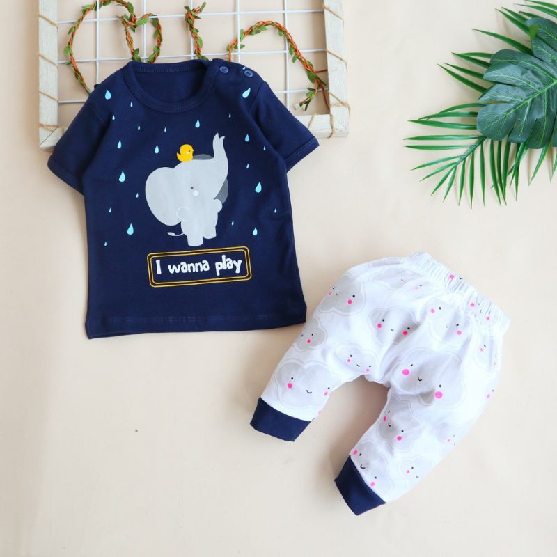 Setelan Baju Anak Bayi Set Topi Wanna play Bahan katun Adem Size 6-18 bulan