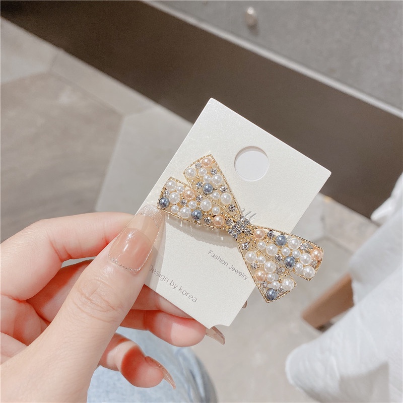 Jepit Rambut Bentuk Pita Aksen Mutiara Dan Berlian Imitasi Untuk Musim Panas