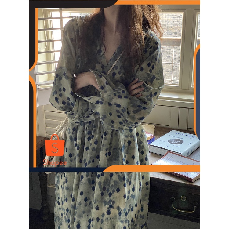 Dress VLeher Lengan Panjang Floral Gaun  Wanita     Bahasa Perancis Retro Panjang Ketat Pinggang Pel